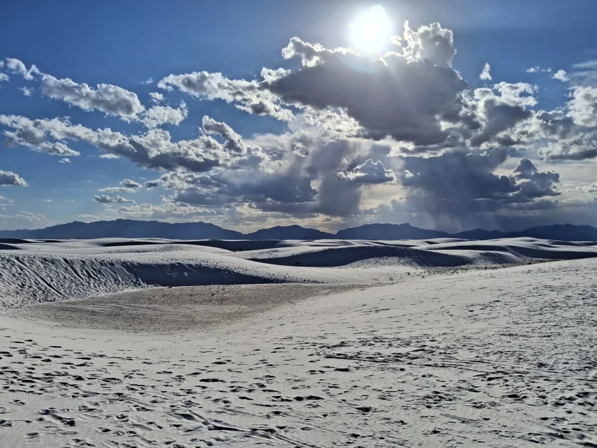 White gypsum dunes at White Sands in New Mexico under a wide sky