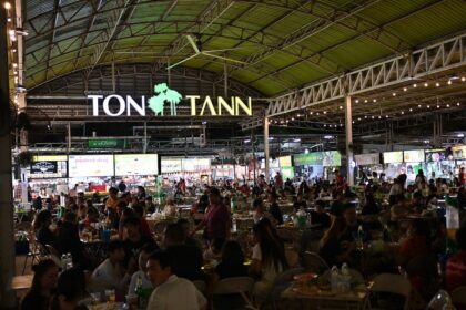market stalls inside an indoor market hall