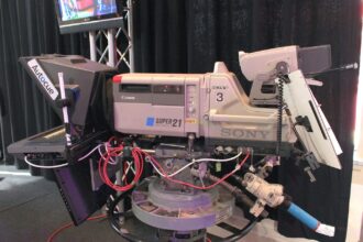 A television studio with broadcast cameras