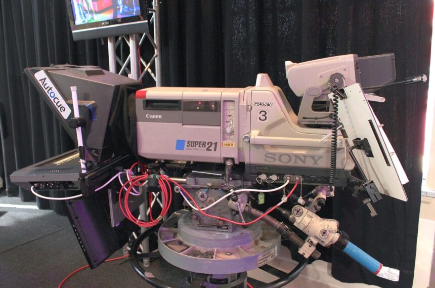 A television studio with broadcast cameras