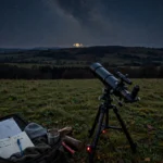 Saturn rising over a night landscape with a telescope in the foreground