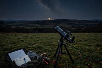 Saturn rising over a night landscape with a telescope in the foreground