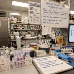 Oncology laboratory with microscopes and sample tubes