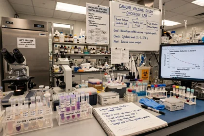 Oncology laboratory with microscopes and sample tubes