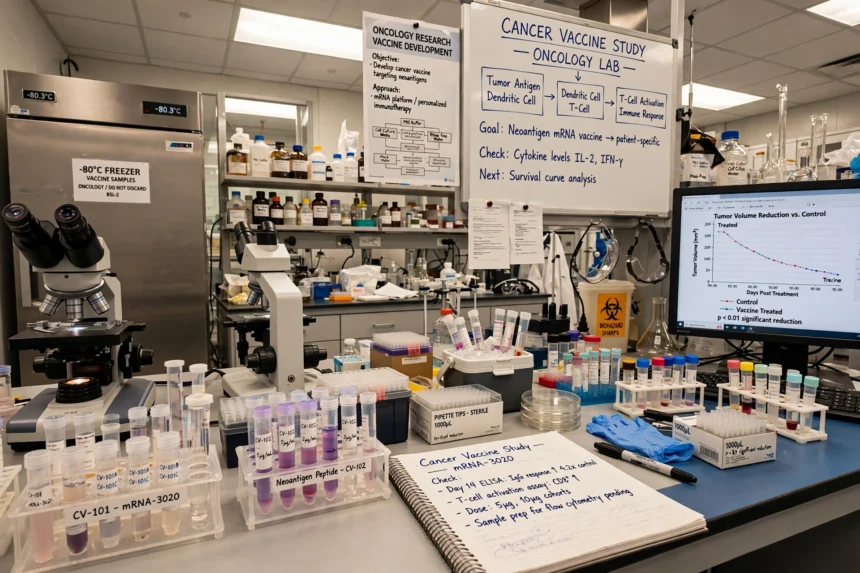 Oncology laboratory with microscopes and sample tubes