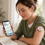 Adult with type 2 diabetes wearing a continuous glucose monitor and checking readings on a smartphone