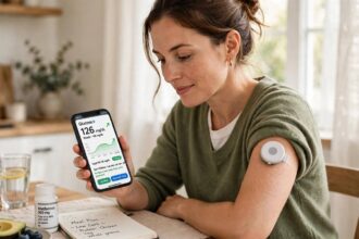 Adult with type 2 diabetes wearing a continuous glucose monitor and checking readings on a smartphone
