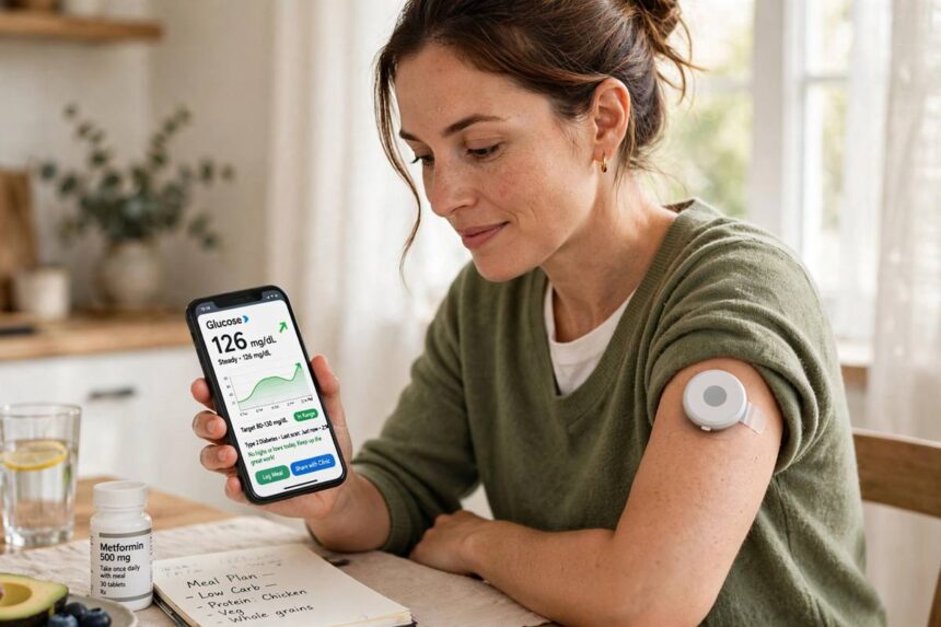 Adult with type 2 diabetes wearing a continuous glucose monitor and checking readings on a smartphone