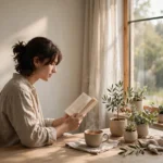 Person enjoying slow living, reading by a window with tea and plants