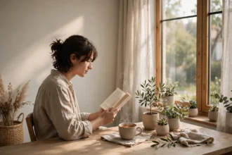 Person enjoying slow living, reading by a window with tea and plants
